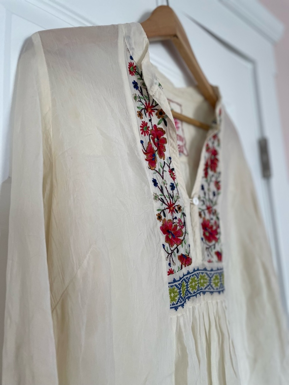 Johnny Was Cream Embroidered V-Neck, Pintuck Peasant Blouse, Small - Picture 2 of 7